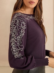 Love & Roses Purple Embellished Slash Neck Knitted Jumper - Image 2 of 4