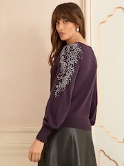 Love & Roses Purple Embellished Slash Neck Knitted Jumper - Image 4 of 4