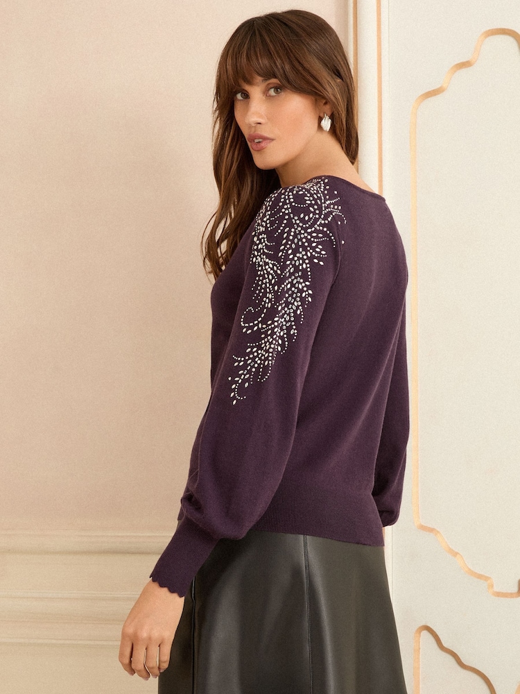 Love & Roses Purple Embellished Slash Neck Knitted Jumper - Image 4 of 4
