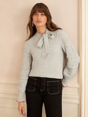 Love & Roses Grey Pussybow Cosy Knit Jumper - Image 1 of 4