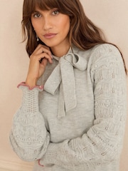 Love & Roses Grey Pussybow Cosy Knit Jumper - Image 2 of 4
