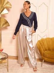 Love & Roses Navy Blue Embellished Wrap Knitted Jumper - Image 3 of 4
