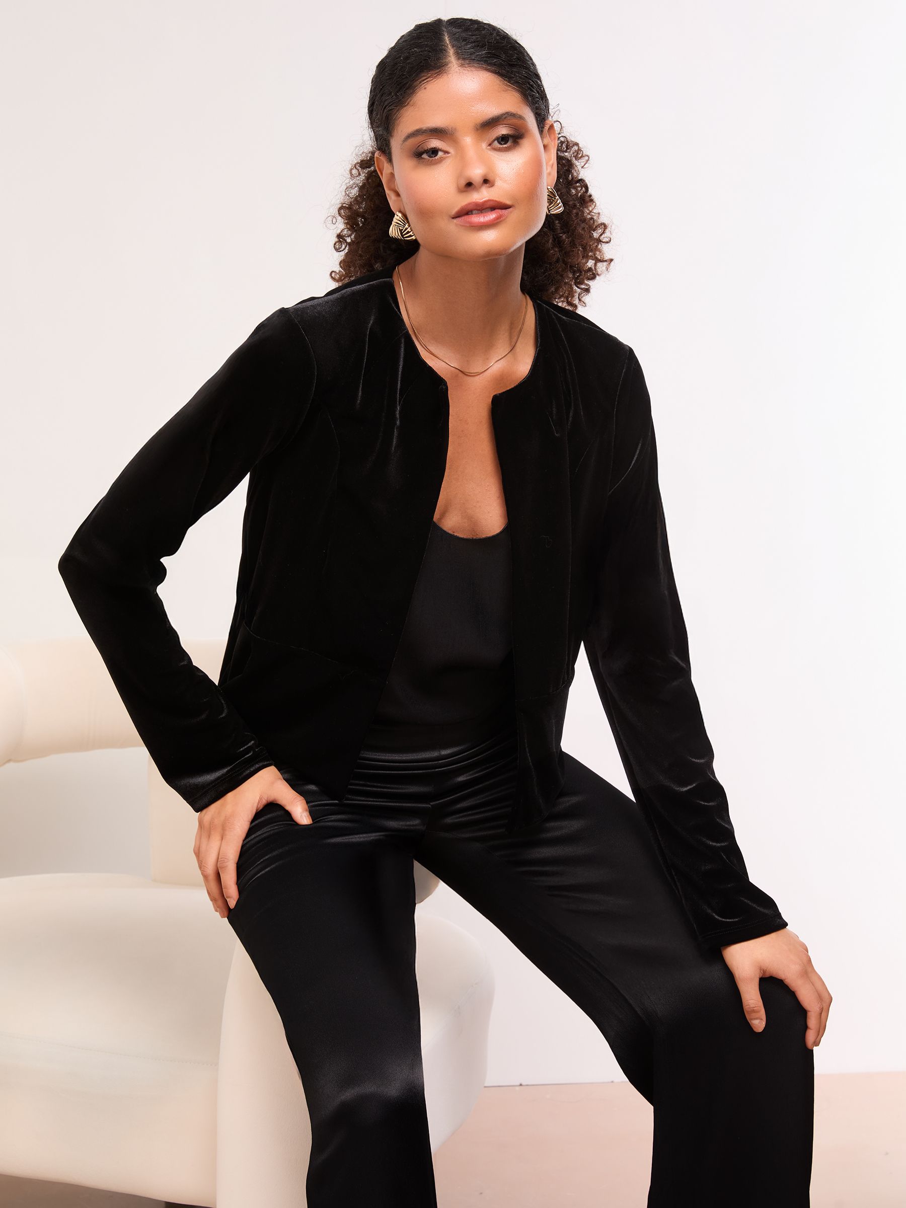 Buy Lipsy Black Velvet Cropped Collarless Blazer from the Next UK