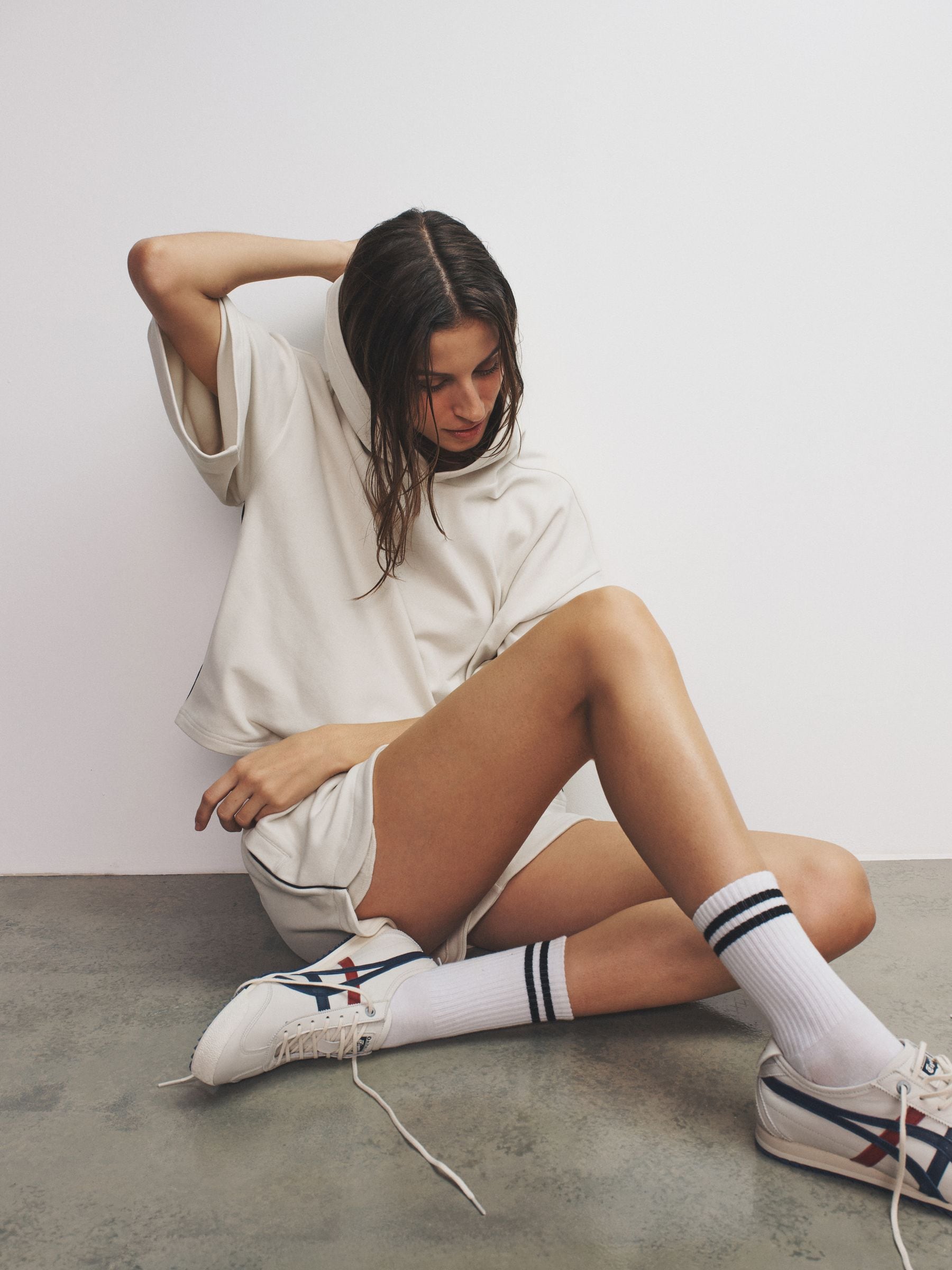 Buy The Set Soft Touch Ribbed Sweat Hoodie And Shorts Set Cream