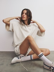 The Set Soft Touch Ribbed Sweat Hoodie And Shorts Set Cream - Image 3 of 6