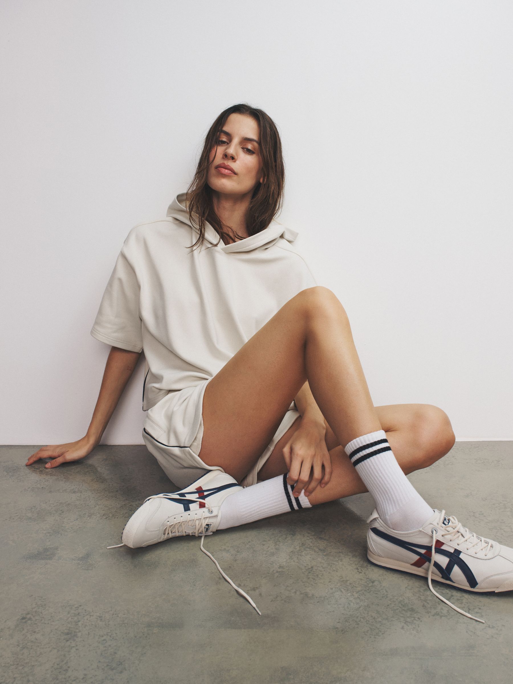 Buy The Set Soft Touch Ribbed Sweat Hoodie And Shorts Set Cream