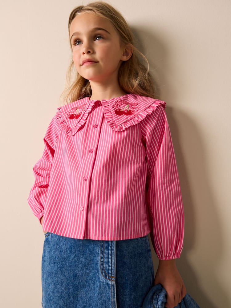 Pink Stripe Long Sleeve Cherry Embroidered Collar Blouse (3-16yrs) - Image 1 of 8
