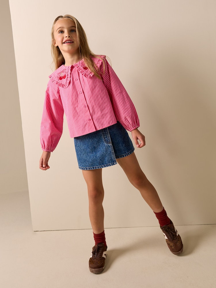 Pink Stripe Long Sleeve Cherry Embroidered Collar Blouse (3-16yrs) - Image 2 of 8