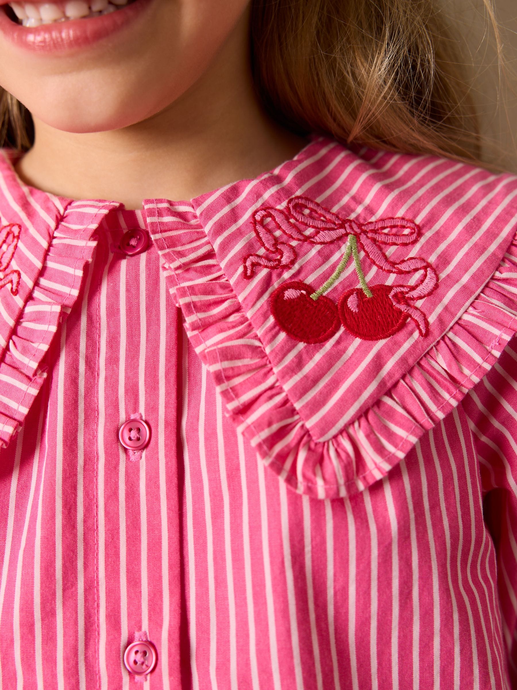 Buy Pink Stripe Long Sleeve Cherry Embroidered Collar Blouse (3