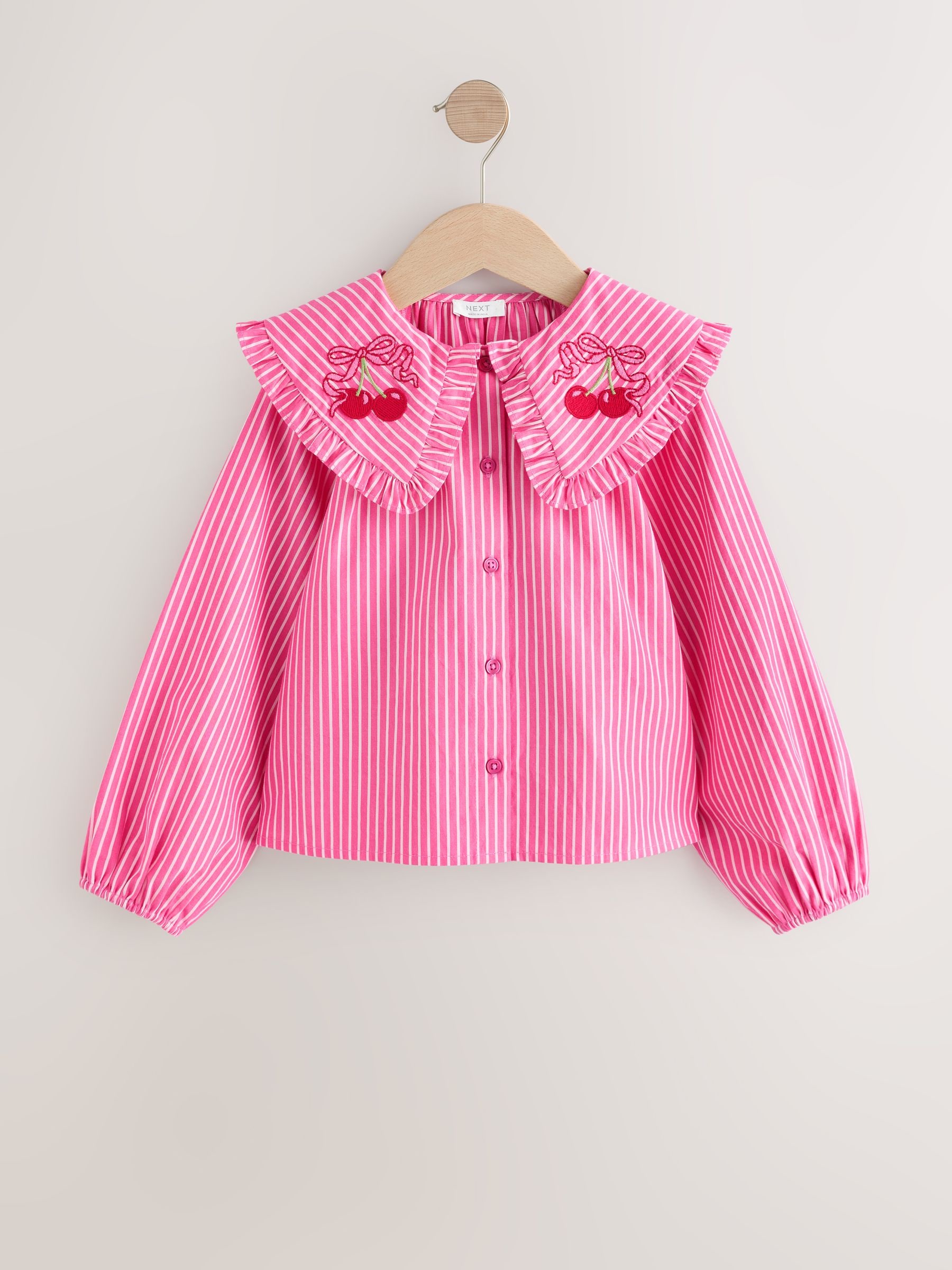 Buy Pink Stripe Long Sleeve Cherry Embroidered Collar Blouse (3