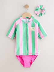 Pink/Green Stripe Sunsafe Rash Vest Bikini And Scrunchie Swim Set (3-16yrs) - Image 1 of 5