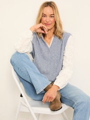 FatFace Leoni Chambray Blue Knitted and Woven 2in1 Top - Image 1 of 6