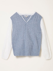 FatFace Leoni Chambray Blue Knitted and Woven 2in1 Top - Image 6 of 6