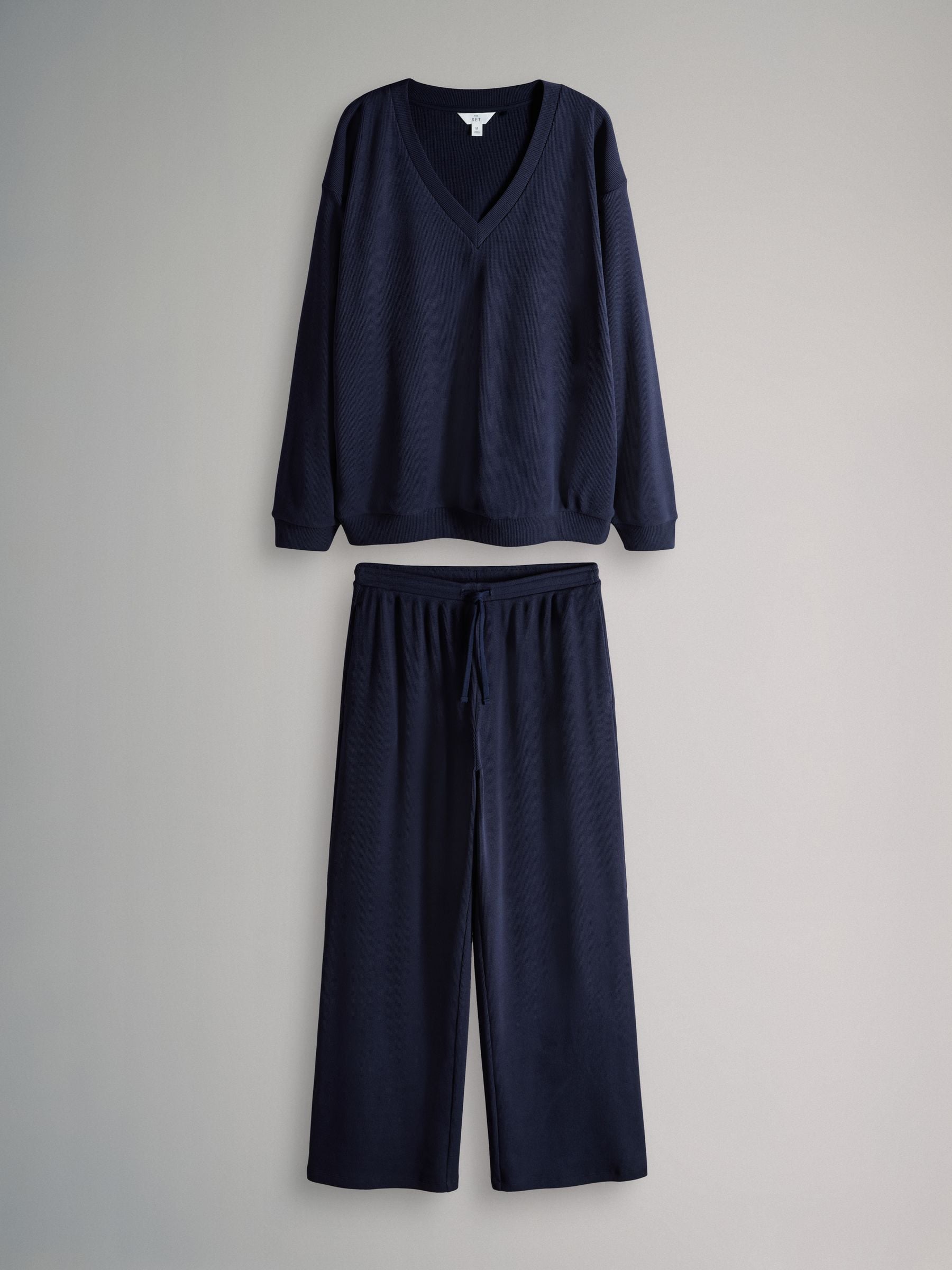 The Set Waffle V-Neck Sweat Top And Wide Leg Jogger Set Navy