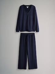The Set Waffle V-Neck Sweat Top And Wide Leg Jogger Set Navy - Image 1 of 5