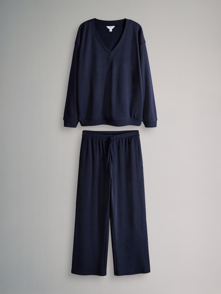The Set Waffle V-Neck Sweat Top And Wide Leg Jogger Set Navy - Image 1 of 5