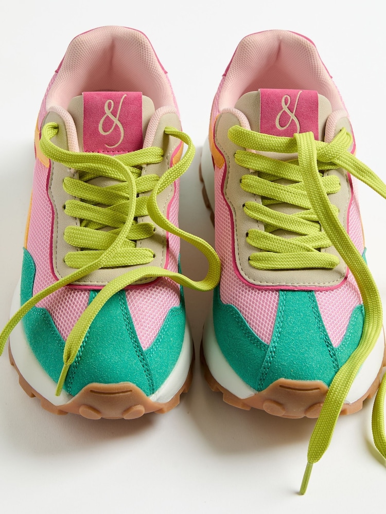 Love & Roses Green Pink Multi Mix Material Retro Comfort Jogger Trainers - Image 2 of 6