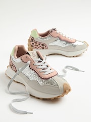 Love & Roses Silver Glitter Mix Material Retro Comfort Jogger Trainers - Image 1 of 6