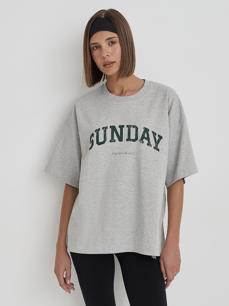 4th & Reckless Grey Oversized Sunday Distressed Slogan T-Shirt - Image 1 of 3