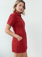 Rot - Denim Zip Through Mini Polo Dress - Bild 4 von 9