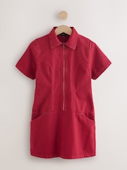 Rot - Denim Zip Through Mini Polo Dress - Bild 6 von 9