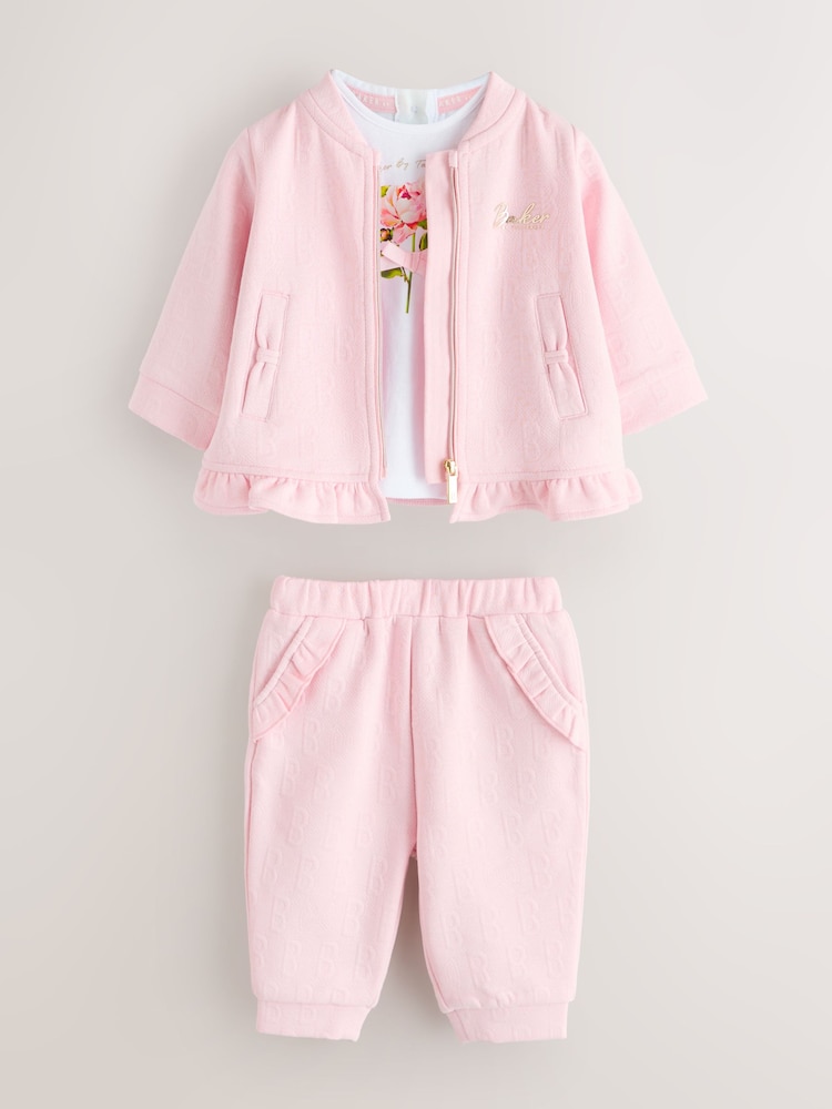 Baker by Ted Baker Pink Quilted Jacquard Jacket, T-Shirt & Joggers Set 3 Piece - Image 1 of 6