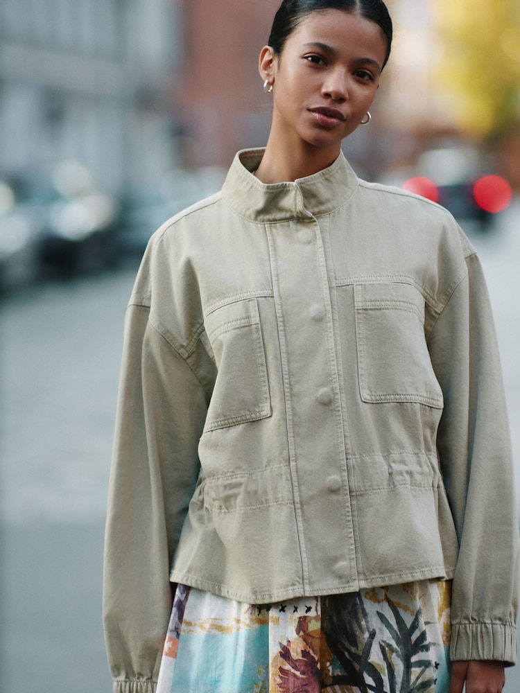 Khaki Green Denim Funnel Neck Zip Through Drawstring Jacket - Image 1 of 7