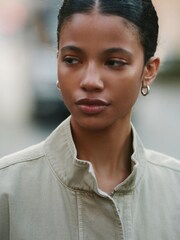 Khaki Green Denim Funnel Neck Zip Through Drawstring Jacket - Image 4 of 7