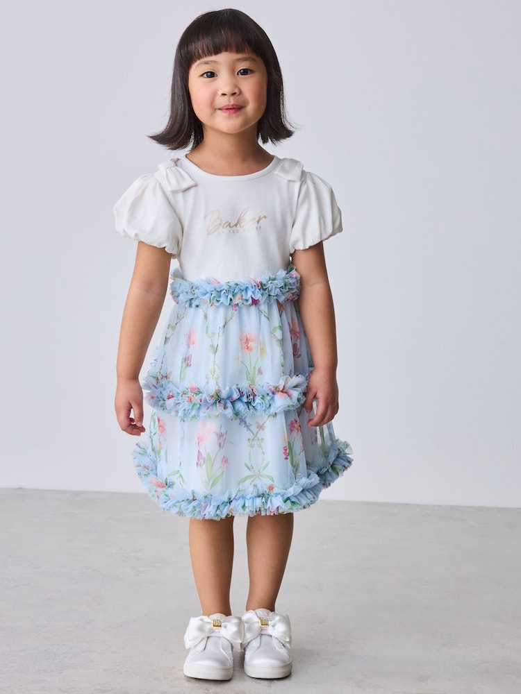 Albastru - Baker by Ted Baker Floral Ruffle Mesh Mockable Blue Dress - Imaginea 1 din 7