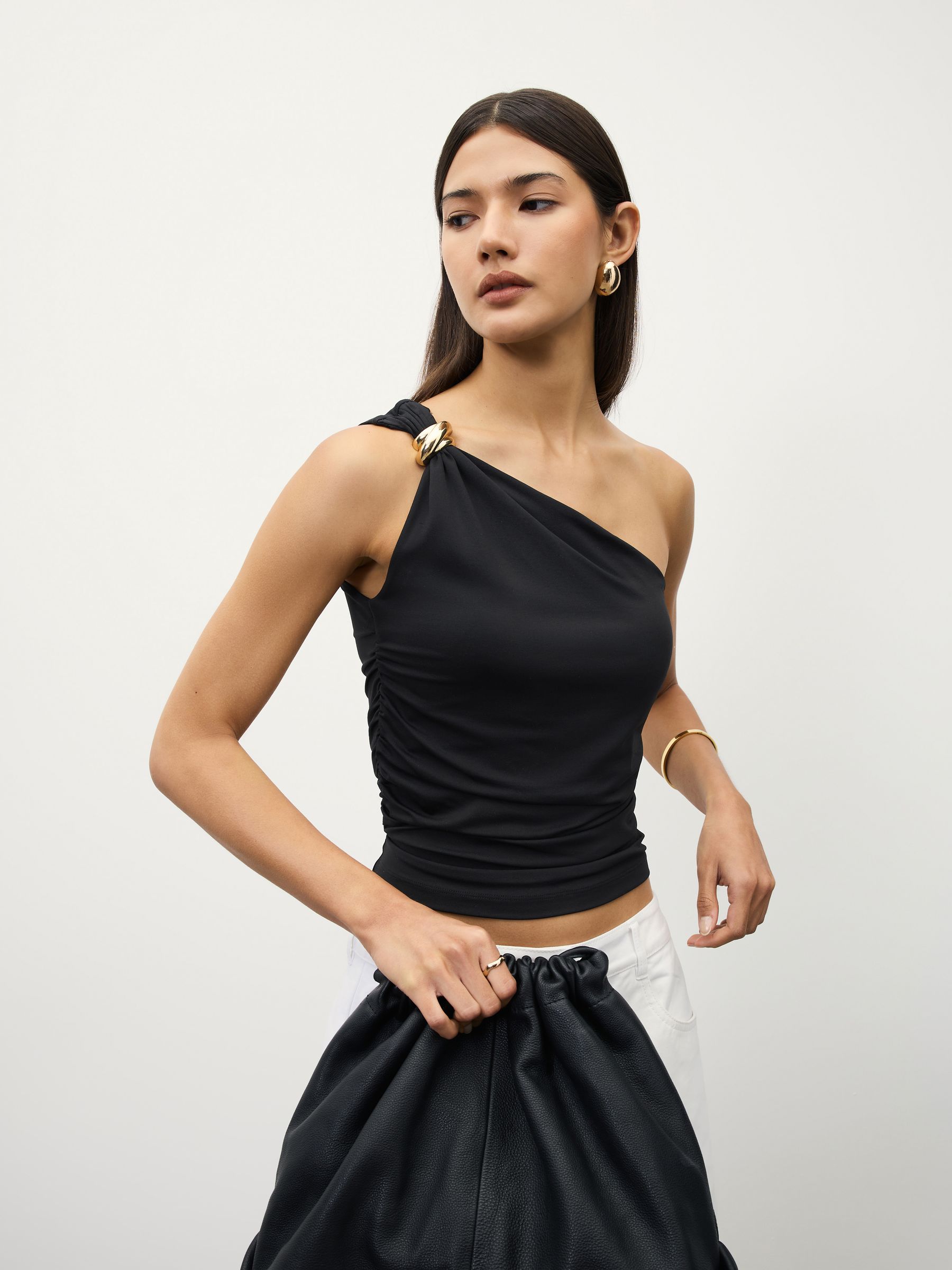Buy Black Soft Touch Slinky Nylon One Shoulder Hardware Top from