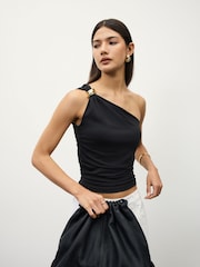 Black Soft Touch One Shoulder Hadware Top - Image 3 of 10