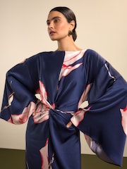 Navy Floral Twist Front Long Sleeve Satin Maxi Dress - Image 5 of 8