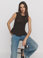 The Set 2 Pack Crew Neck Shirred Top With Linen Black/Chocolate Brown - Image 1 of 6