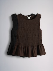 The Set 2 Pack Crew Neck Shirred Top With Linen Black/Chocolate Brown - Image 2 of 6
