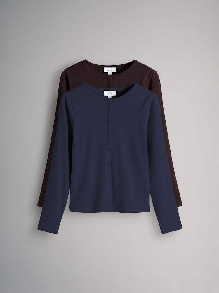 The Set 2 Pack Soft Touch Ribbed Long Sleeve Cardigan Chocolate Brown/Navy - Image 1 of 5