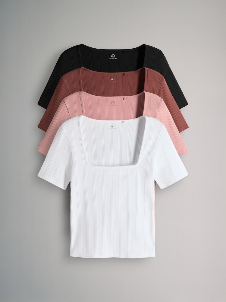 The Set Black/Pink/White 4 Pack Textured Ribbed Square Neck Half Sleeve T-Shirts - Image 1 of 6 The Set Black/Pink/White 4 Pack Textured Ribbed Square Neck Half Sleeve T-Shirts - Image 1 of 6