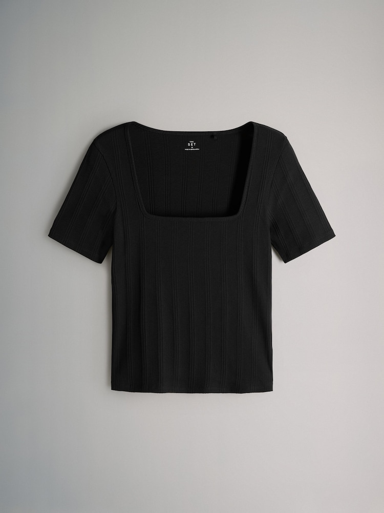 The Set Black/Pink/White 4 Pack Textured Ribbed Square Neck Half Sleeve T-Shirts - Image 2 of 6 The Set Black/Pink/White 4 Pack Textured Ribbed Square Neck Half Sleeve T-Shirts - Image 2 of 6