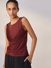 Cherry Red Sleevless Ruched Drape Front Top - Image 1 of 5