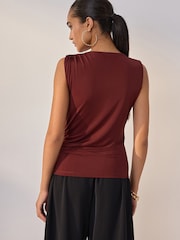 Cherry Red Sleevless Ruched Drape Front Top - Image 3 of 5
