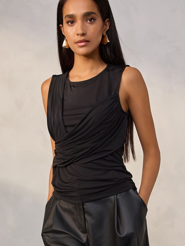 Black Sleevless Ruched Drape Front Top - Image 1 of 7