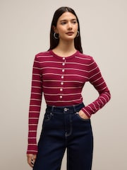 Red/Ecru Stripe Long Sleeve Button Henley Top - Image 1 of 9