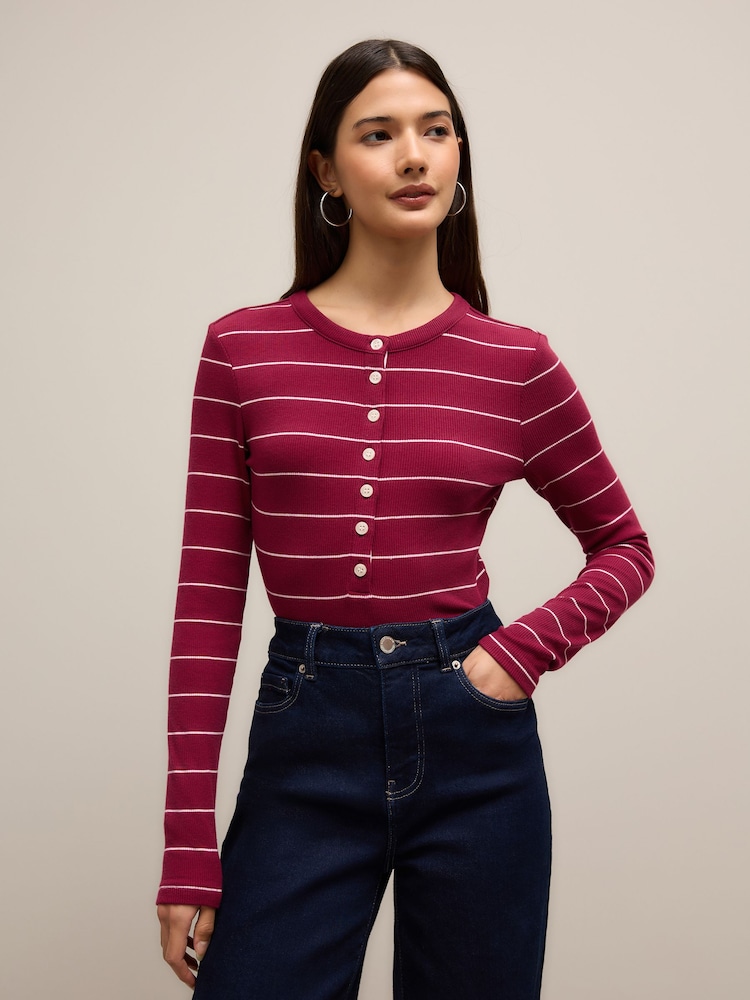 Red/Ecru Stripe Long Sleeve Button Henley Top - Image 1 of 9