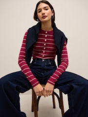 Red/Ecru Stripe Long Sleeve Button Henley Top - Image 4 of 9