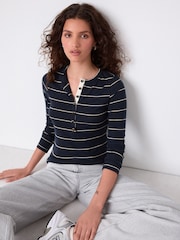 Ecru/Navy Stripe Long Sleeve Button Henley Top - Image 1 of 5