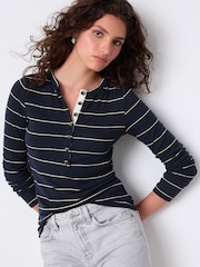 Ecru/Navy Stripe Long Sleeve Button Henley Top - Image 3 of 5