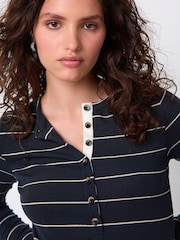 Ecru/Navy Stripe Long Sleeve Button Henley Top - Image 5 of 5