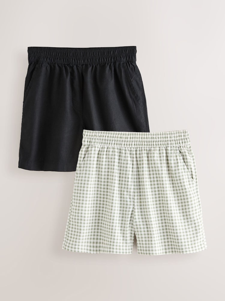 Black/Green Gingham Stretch Linen Blend Shorts 2 Pack - Image 1 of 9 Black/Green Gingham Stretch Linen Blend Shorts 2 Pack - Image 1 of 9