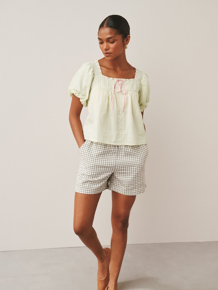 Black/Green Gingham Stretch Linen Blend Shorts 2 Pack - Image 2 of 9 Black/Green Gingham Stretch Linen Blend Shorts 2 Pack - Image 2 of 9