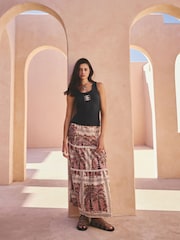 Pink Palm Print Cotton Tiered Maxi Skirt - Image 1 of 7