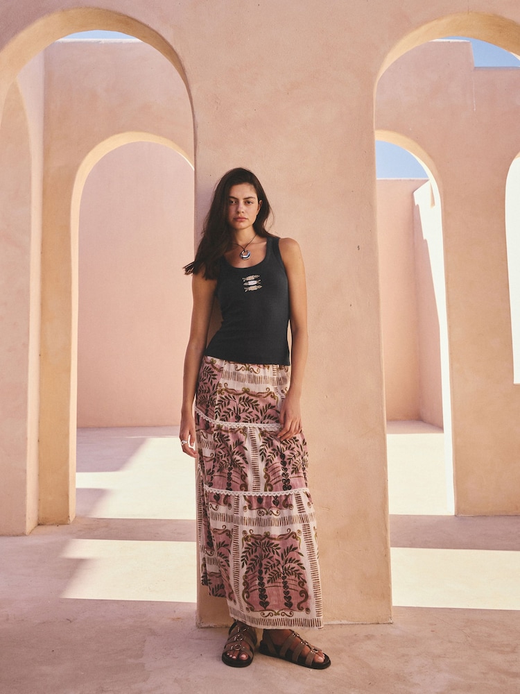 Pink Palm Print Cotton Tiered Maxi Skirt - Image 1 of 7